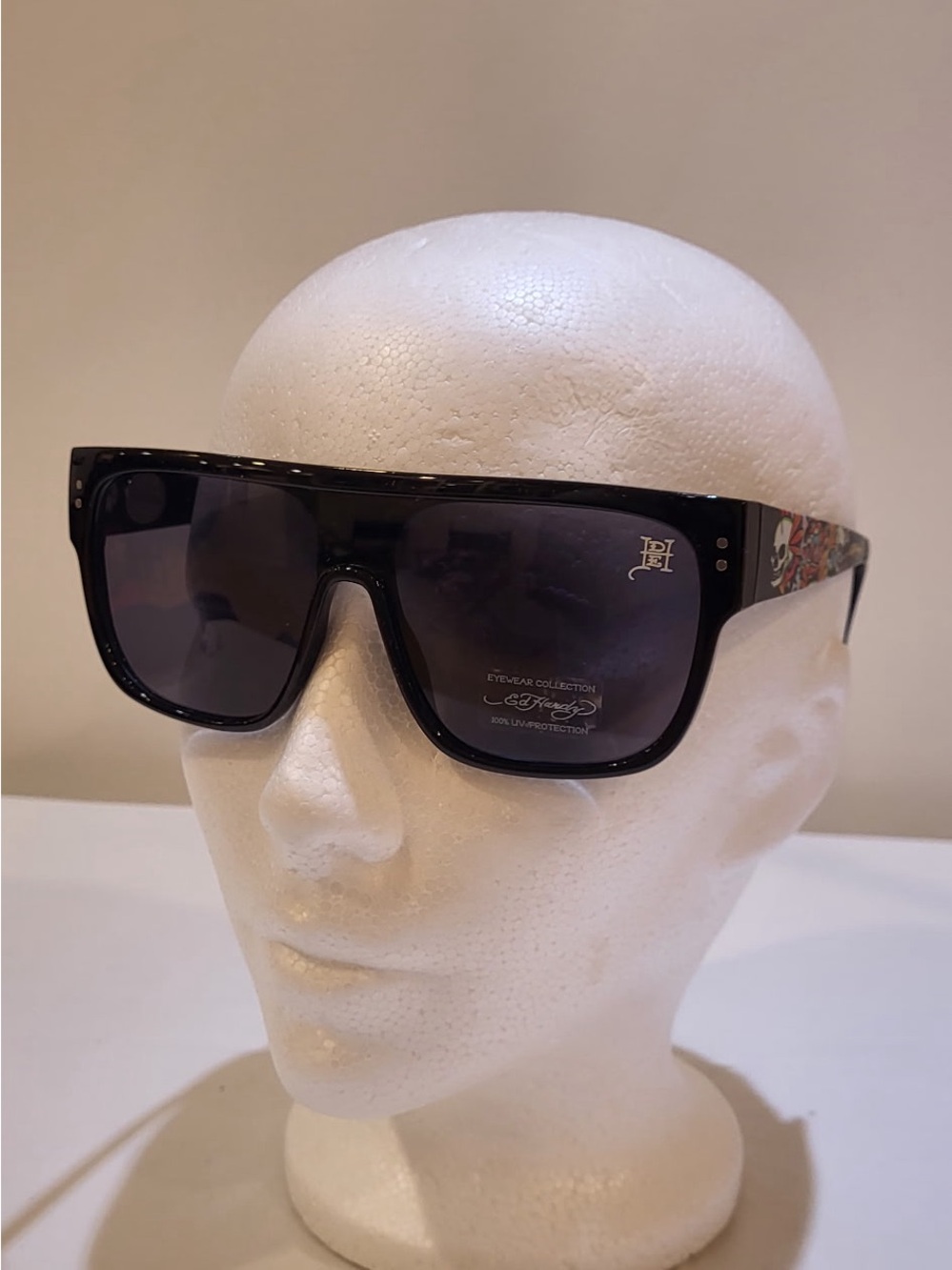 ED HARDY black shield sunglasses with colorful Floral Skull temples